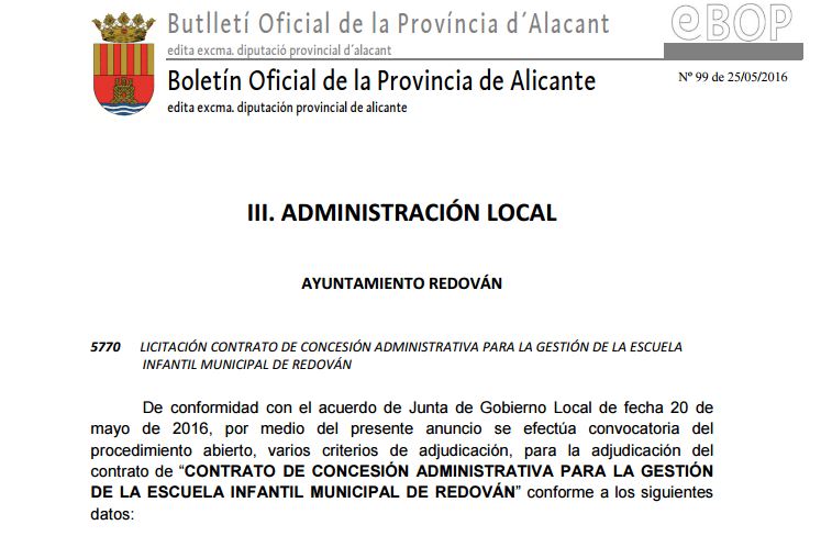 Licitación contrato concesión administrativa para gestión de la Escuela Infantil Municipal de Redován