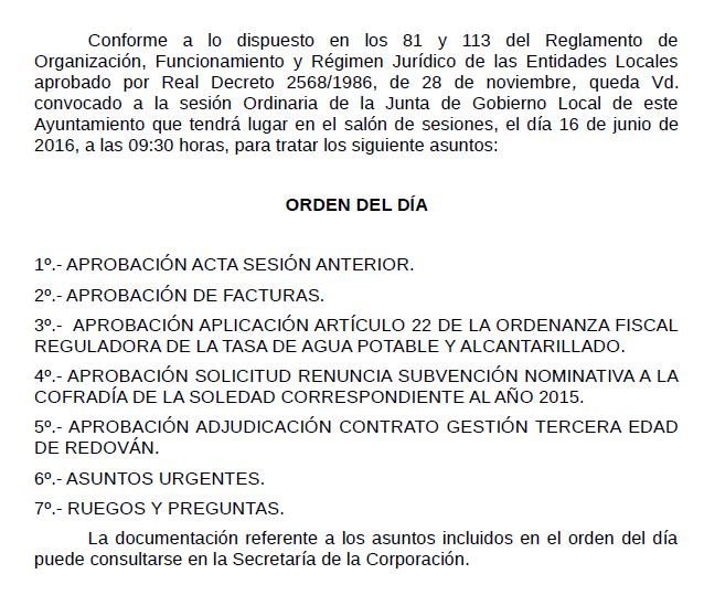 Junta de Gobierno Local 16/06/2016